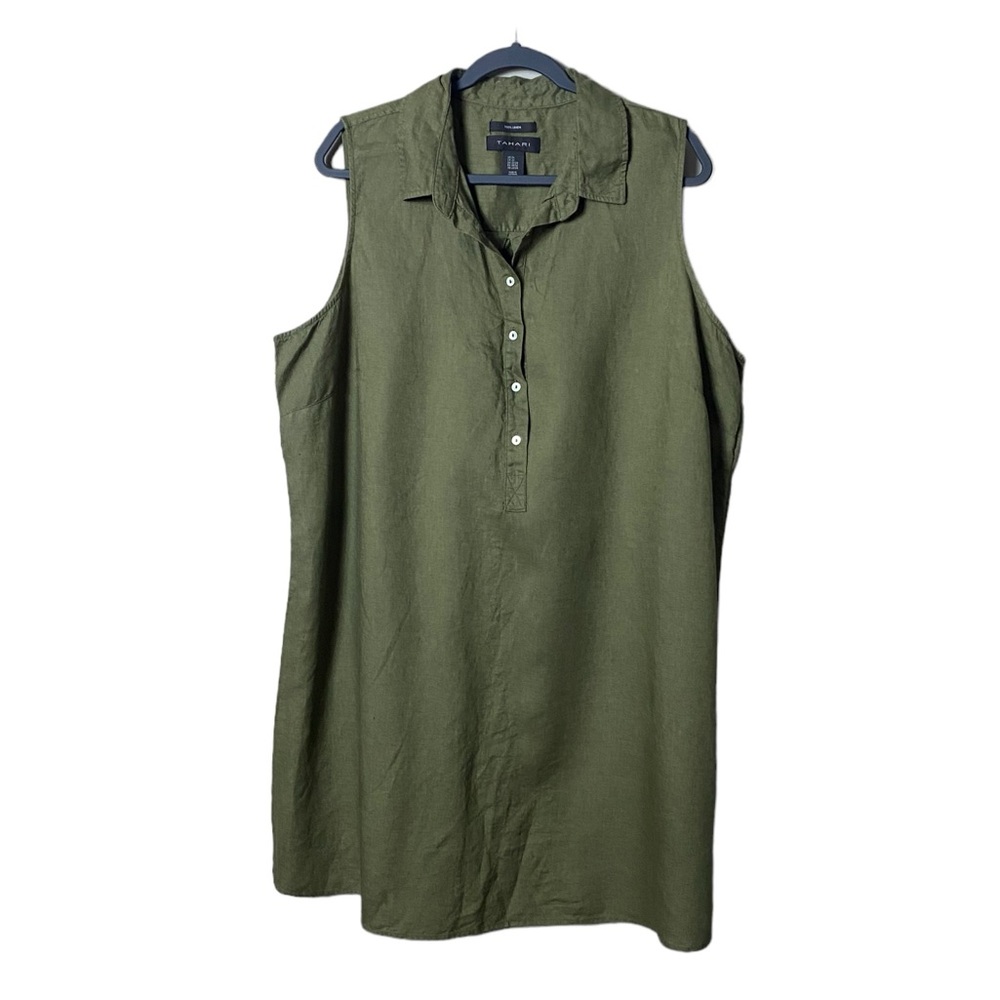 Tahari 100% Linen Midi Dress Plus Size 2X Pop Over Beachy Army Green Cottagecore